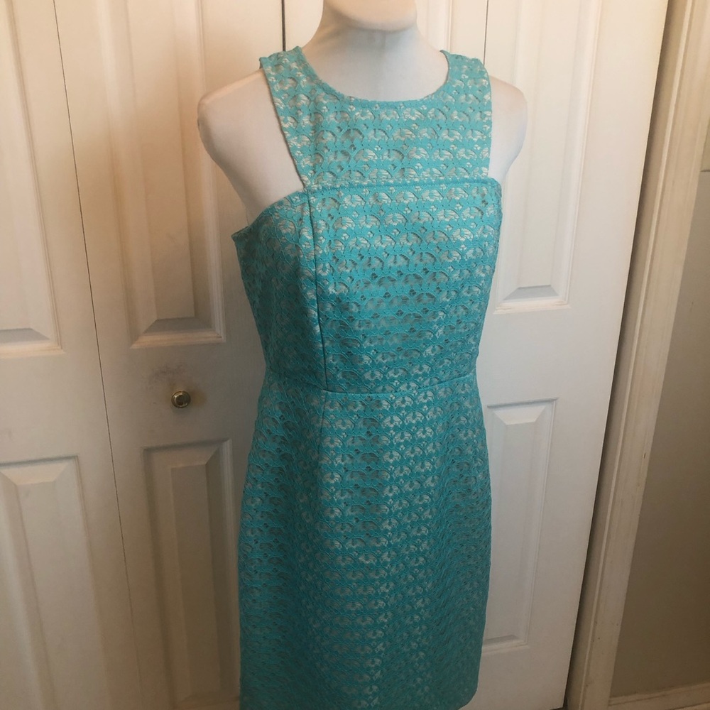 Teal Lace Sleeveless Midi Dress with Square Neck
